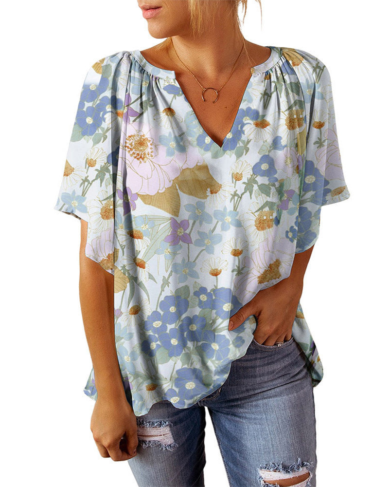 Damen luftiges V-Ausschnitt Blusenshirt mit floralem Muster EB