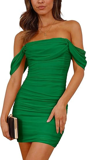 Damen figurbetontes Wickelkleid mit schulterfreiem Design EB
