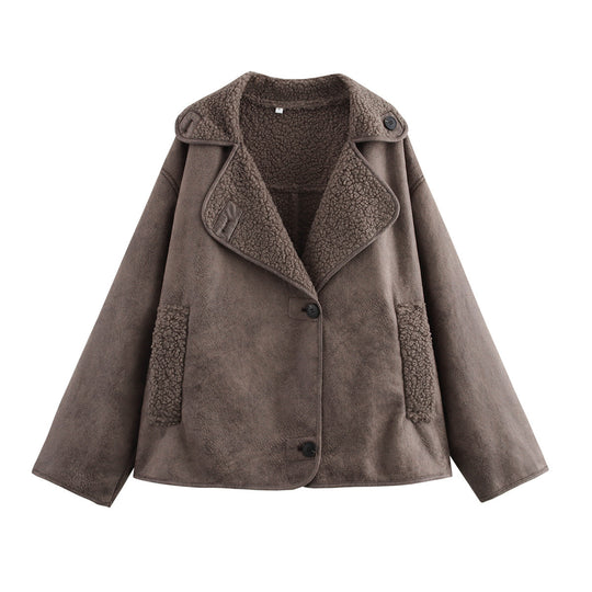 Damen Kunstpelzjacke mit stilvollem Kragen und praktischen Taschen EB