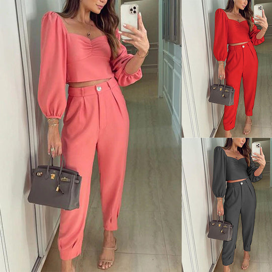 Damen elegantes Set aus verkürztem Oberteil und hoch taillierter Hose EB