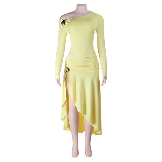 Damen asymmetrisches Wickelkleid mit schulterfreiem Design und knielangem Saum EB