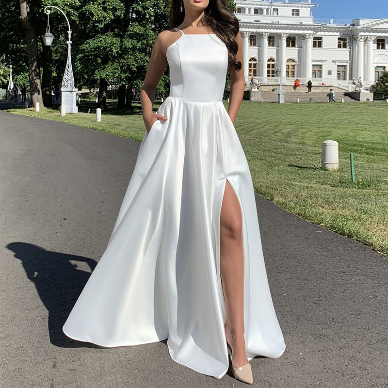 Damen Abendkleid mit raffiniertem Beinschlitz und schmalen Trägern EB