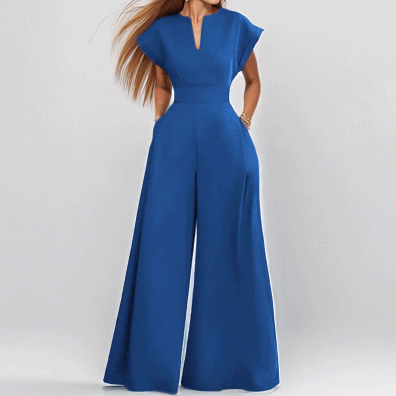 Damen Eleganter Jumpsuit mit Weitem Bein und Schalkragen EB