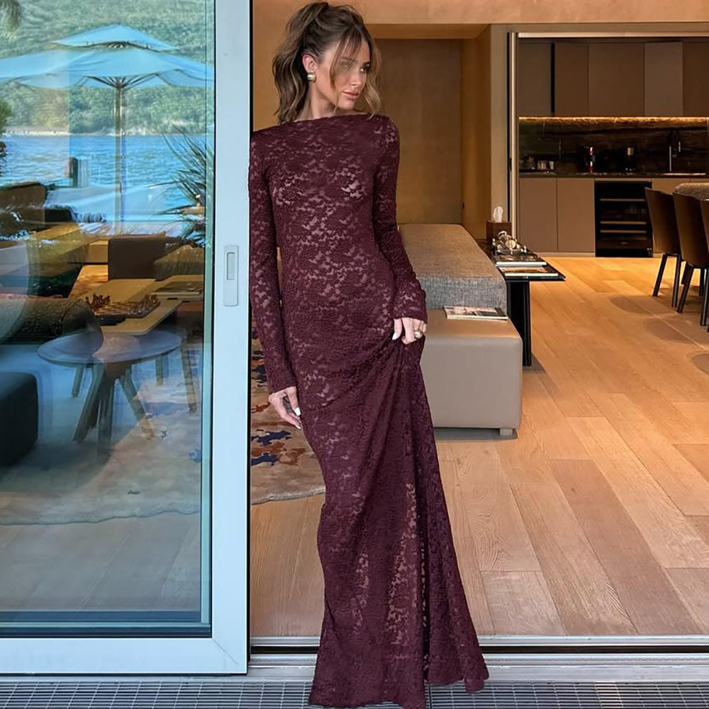 Damen Elegantes Spitzenmaxikleid mit langen Ärmeln EB