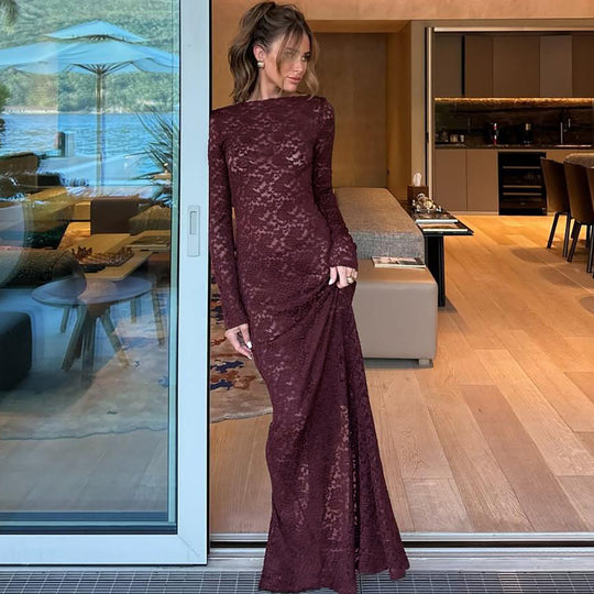Damen Elegantes Spitzenmaxikleid mit langen Ärmeln EB