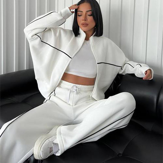 Damen nan Oversize Trainingsanzug Set mit Reißverschluss hohem Kragen und Kontrastpaspeln EB