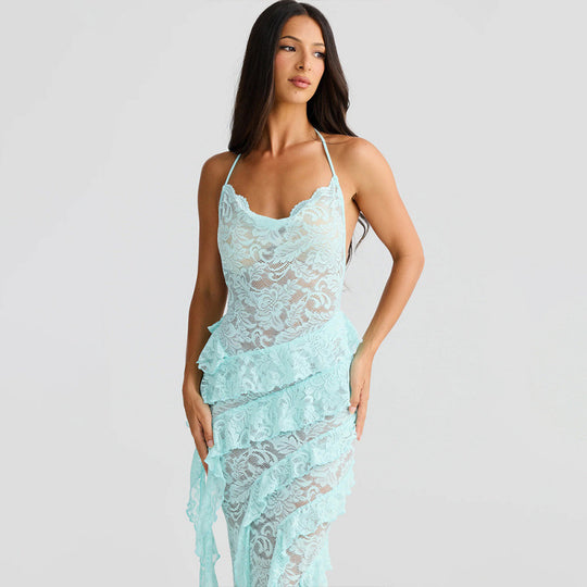 Damen verführerisches Spitzenkleid mit asymmetrischem Saum und Rüschendetails EB