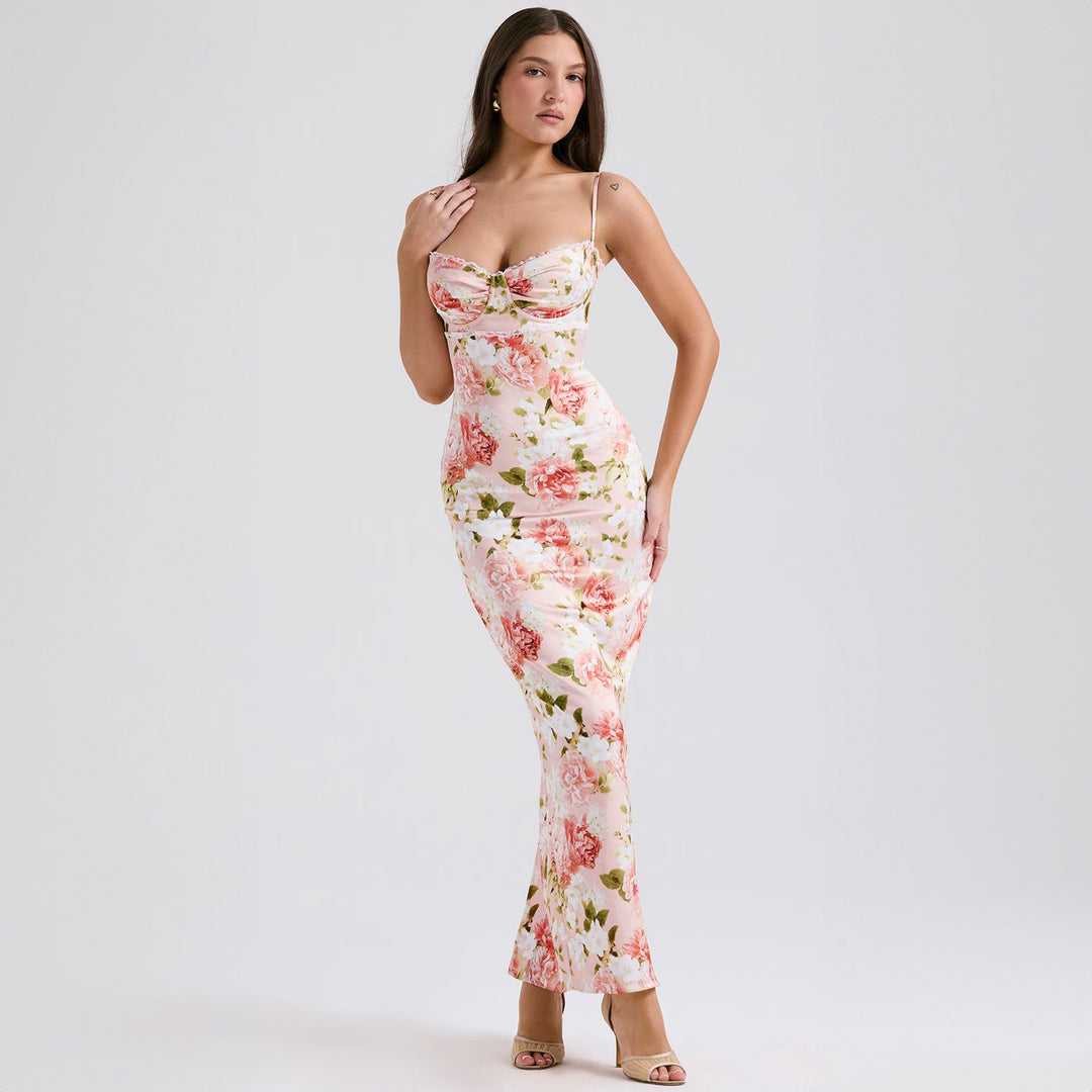 Damen Elegantes figurbetontes Maxikleid mit floralem Design EB