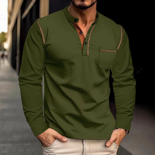 Herren nan legeres Langarm-Henleyshirt mit Stehkragen Knopfleiste und Brusttasche EB