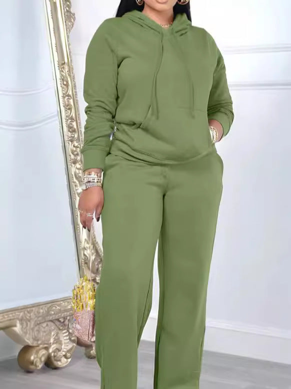 Damen nan Relax-Loungewear-Set mit weitem Highwaist-Palazzo-Jogger, Kapuzenpullover mit Kängurutasche und seitlichem Saumschlitz EB
