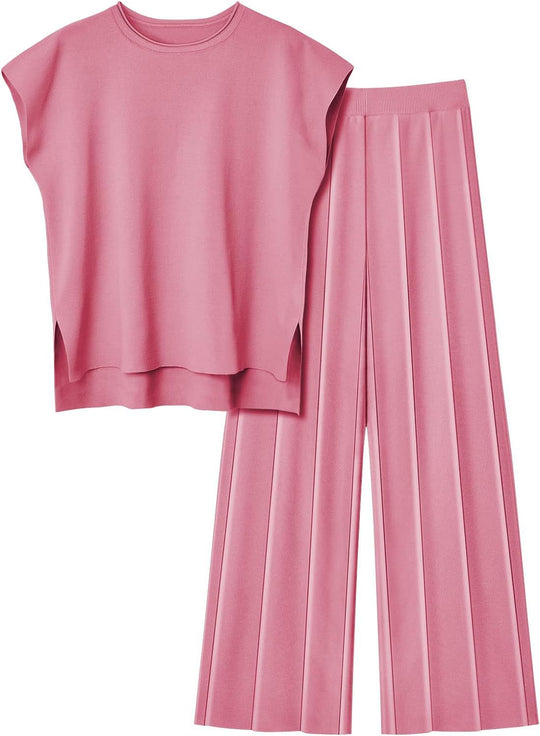 Damen elegantes Set mit kurzärmligem Oberteil und plissierter Hose EB