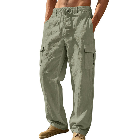 Herren nan entspannt geschnittene Strand-Cargohose aus Leinenblend mit elastischem Tunnelzug und zweifacher Klapptasche EB