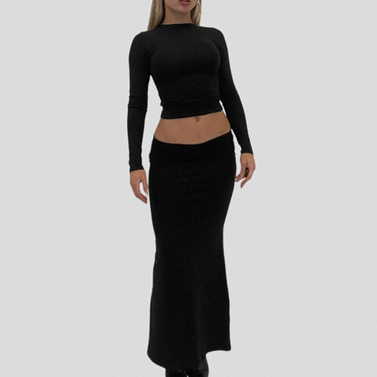 Damen Langarm Maxikleid mit elegantem Reißverschluss-Ausschnitt und figurbetontem Schnitt EB