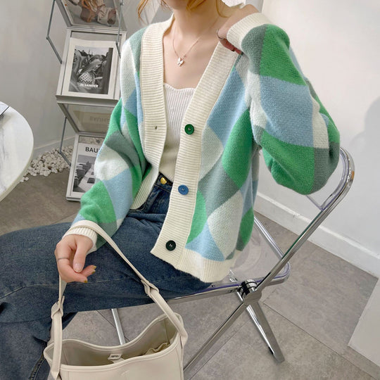 Damen Strickjacke mit modernem Rautenmuster EB