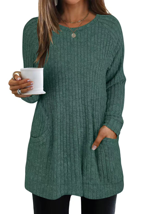 Damen lässiger Strickpullover mit seitlichen Eingrifftaschen und Rippenstruktur EB