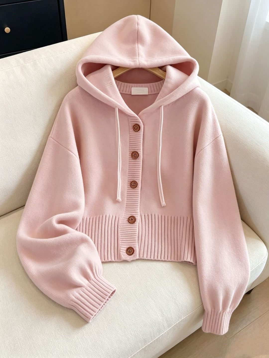 Damen Kapuzen-Strickcardigan mit Knopfleiste, geripptem Bund und Oversize-Ärmeln EB