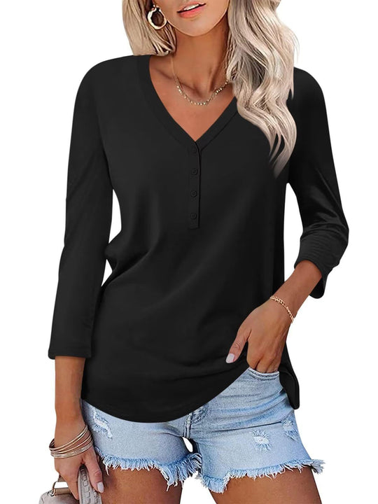 Damen Langarm T-Shirt mit Knopfleiste und V-Ausschnitt EB