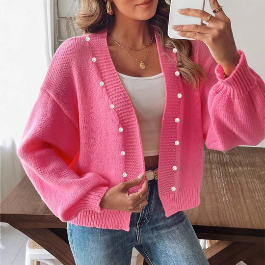 Damen nan grobstrick Cardigan mit Perlenknöpfen und Balloonärmeln EB