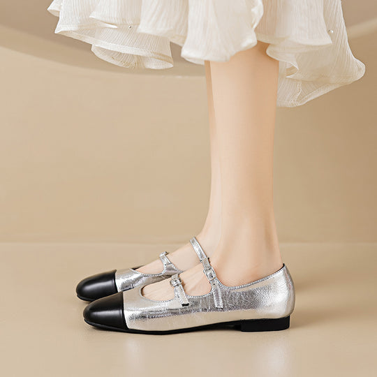 Damen Ballerinas mit doppeltem Riemen und metallic Obermaterial EB