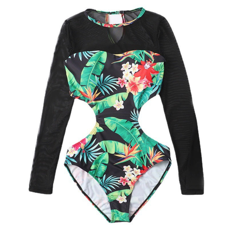 Damen Einteiler Badeanzug mit floralen Cut-Outs und transparenten Ärmel-Details EB