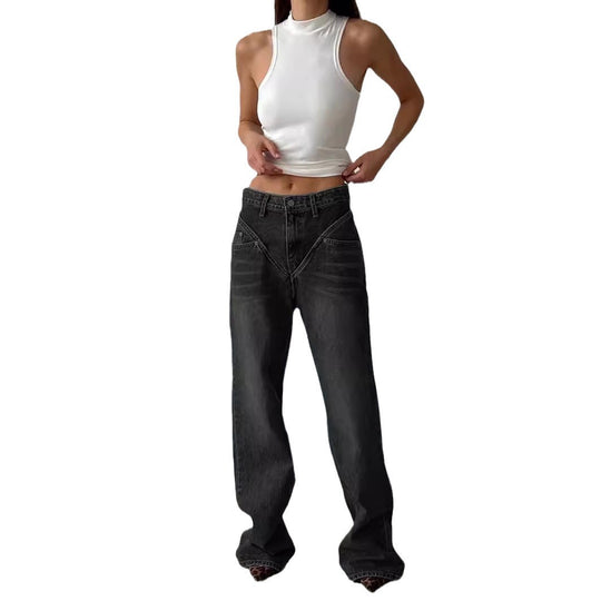 Damen nan hochgeschnittene weite Denim-Hose mit V-förmiger Bundnaht und extra-langem Bein EB