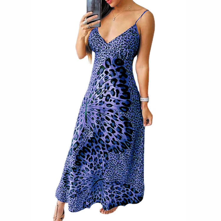 Damen Maxikleid mit feinem Spaghettiträger-Design und auffälligem Tiermuster EB