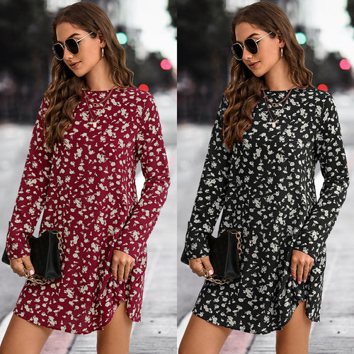 Damen Kleid im angesagten floralem Design mit langen Ärmeln und ausgestelltem Schnitt EB