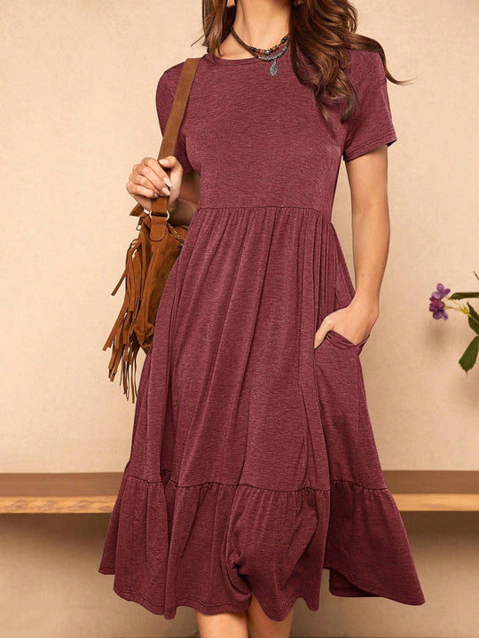 Damen lässiges Midikleid mit Taschen und voluminösen Rüschendetails EB