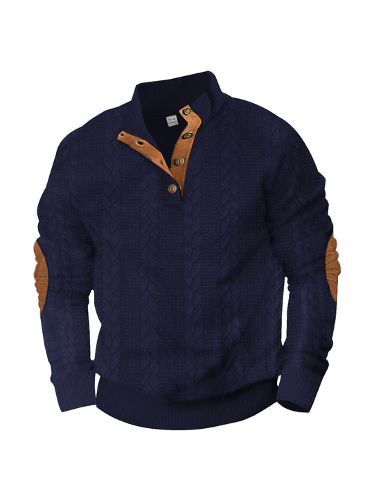 Herren nan lässiger Zopfstrickpullover mit verstärkter Knopfleiste und Wildleder-Ellenbogenpatches EB