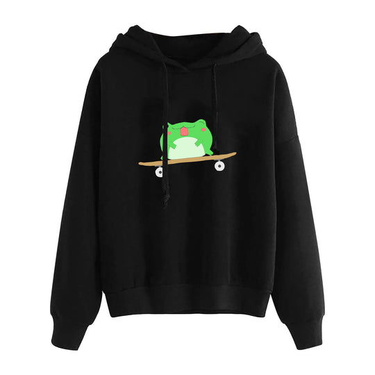 Damen nan kurz geschnittener Cropped-Kapuzenpullover mit niedlicher Frosch-Illustration und verstellbarer Kapuze EB