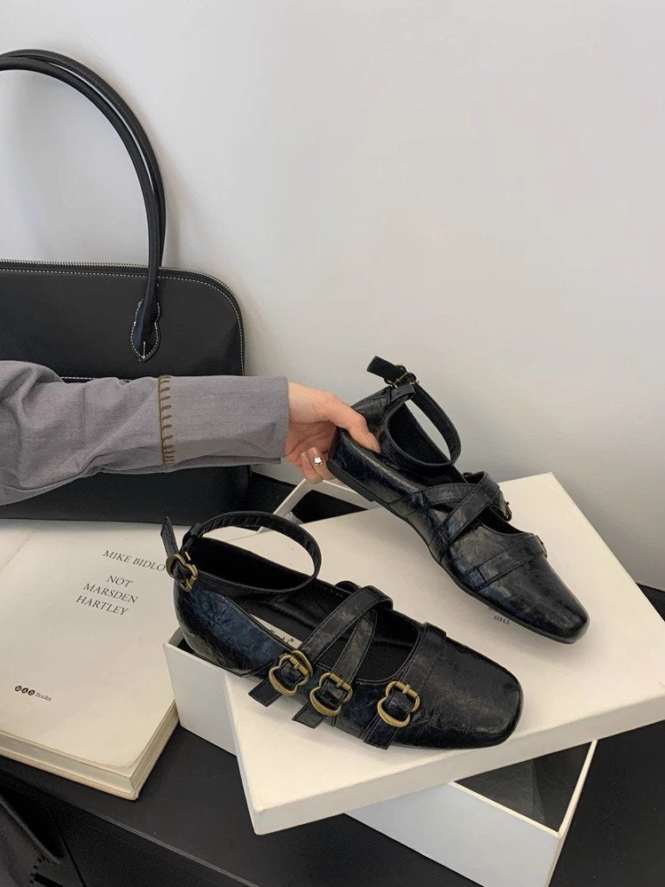 Damen elegante Ballerinas mit modischen Riemchen und verstellbaren Schnallen EB