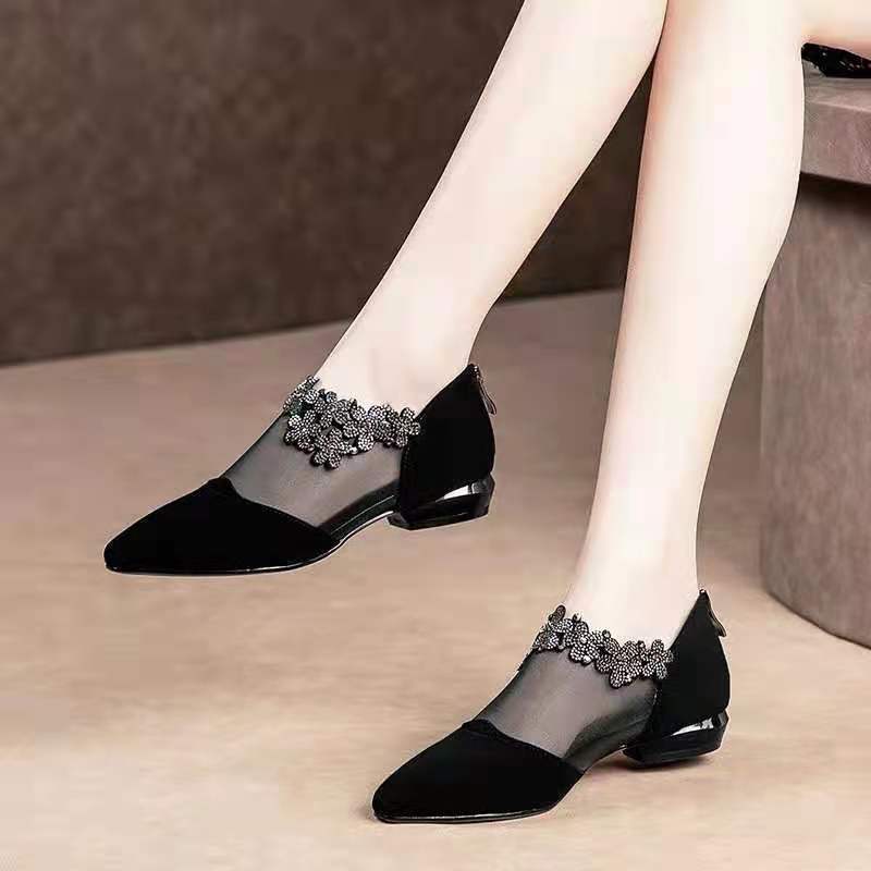 Damen elegante Ballerinas mit durchsichtigen Einsätzen und dekorativem Schmuck EB