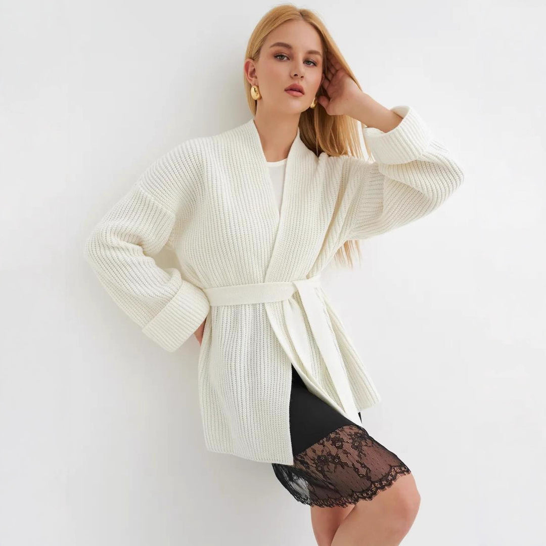 Damen Strickjacke mit Bindegürtel und weit geschnittenen Ärmeln EB