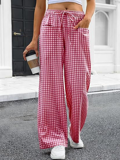 Damen Weit geschnittene Karohose mit elastischem Bund und praktischen Taschen EB