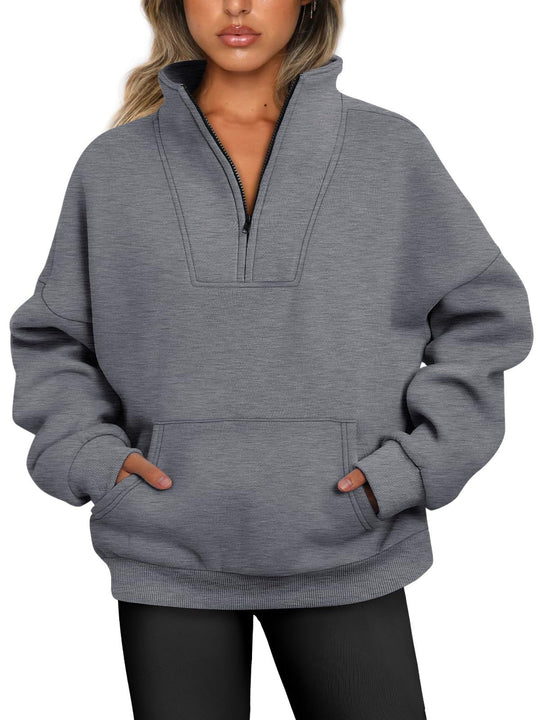 Damen nan oversized Halbzip-Hoodie mit hohem Stehkragen, Kängurutasche und gerippten Bündchen EB