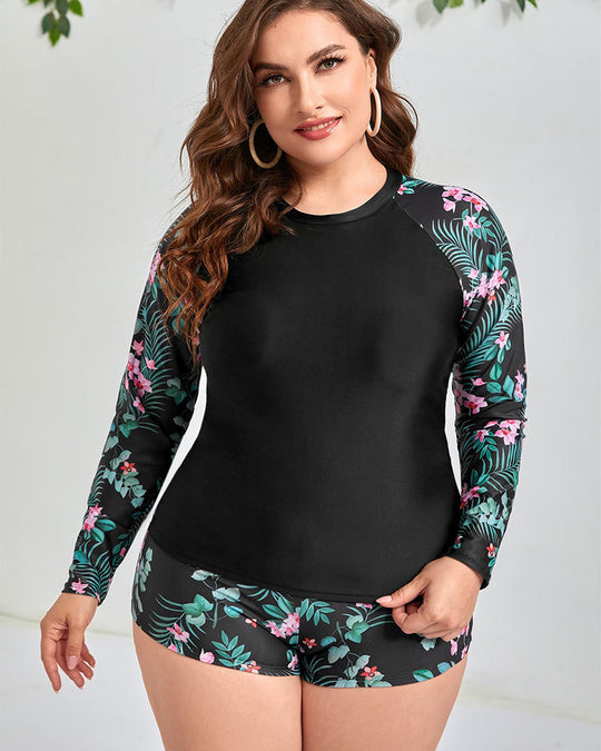 Damen Sportliches Badeoutfit mit langärmeligen Oberteil und Shorts EB