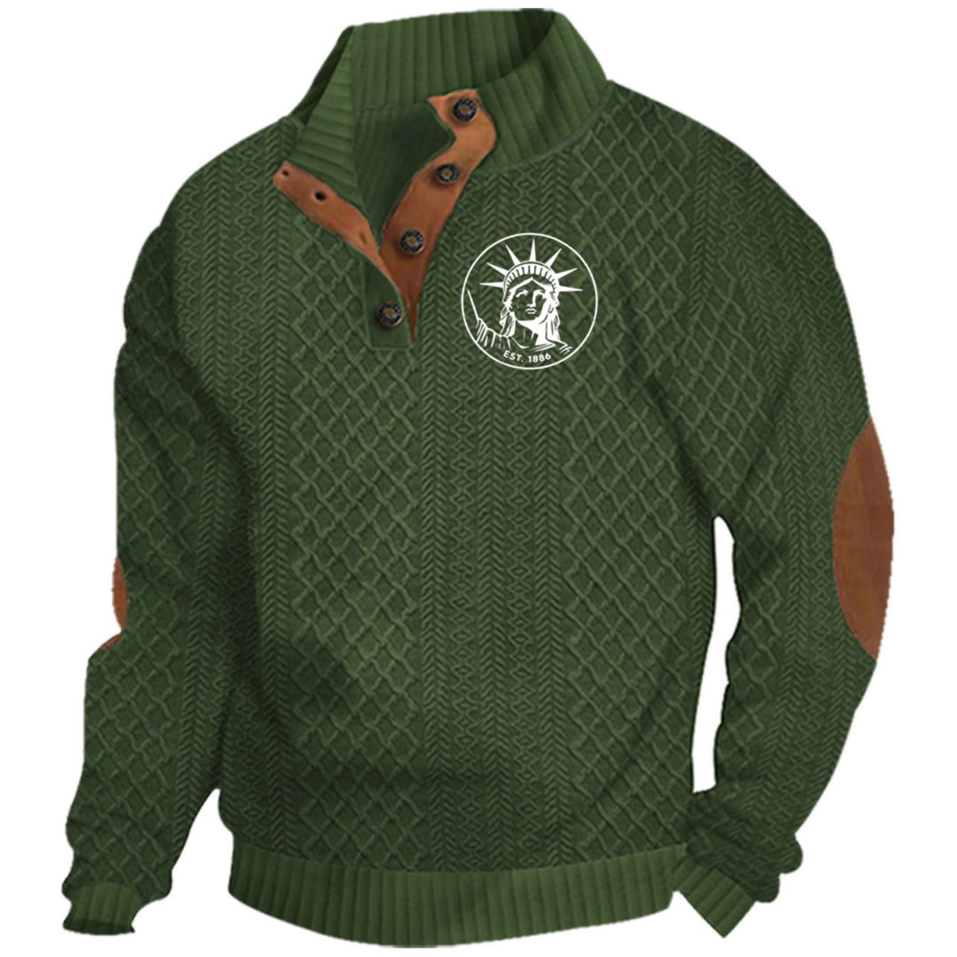 Herren nan Heritage-Strukturpullover mit Stehkragen Lederimitat-Besatz Ellenbogen-Patches und Halbknopfleiste EB