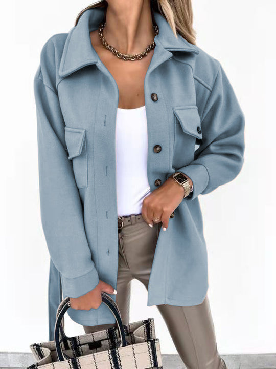 Damen Modische Overshirt-Jacke mit aufgesetzten Taschen und Knopfverschluss EB