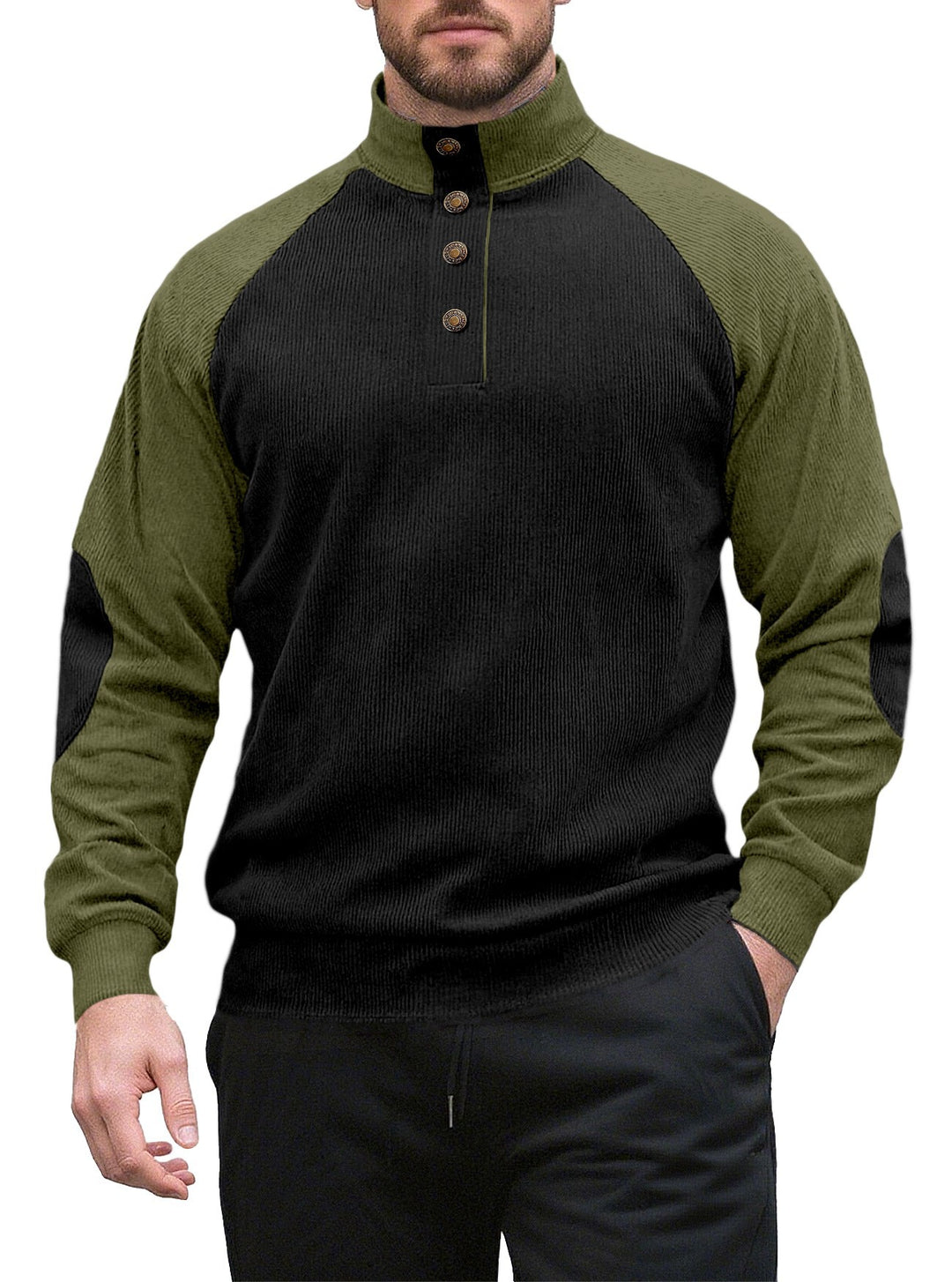 Herren nan zweifarbiger Ripptroyer mit asymmetrischer Knopfleiste und Velours-Ellbogenpatch EB