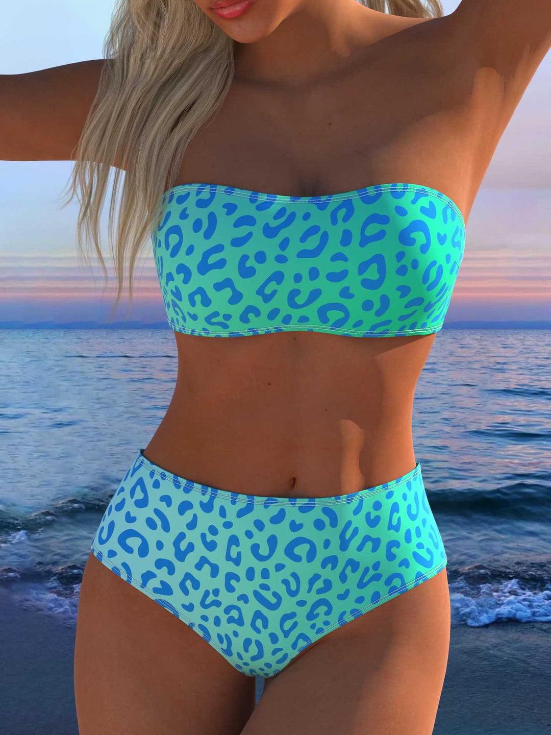 Damen Bandeau Bikini-Set mit tierischem Muster und hohem Taillenbund EB