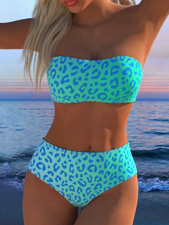 Damen Bandeau Bikini-Set mit tierischem Muster und hohem Taillenbund EB