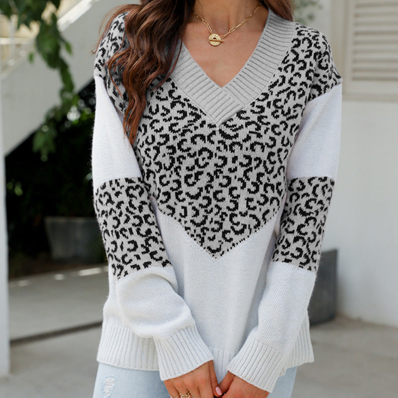 Damen Modischer Pullover mit einzigartigem Leopardenmuster und V-Ausschnitt EB