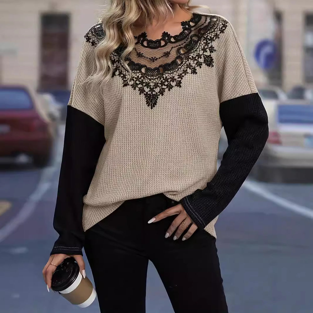 Damen Elegantes Strickoberteil mit gehäkeltem Spitzenkragen EB