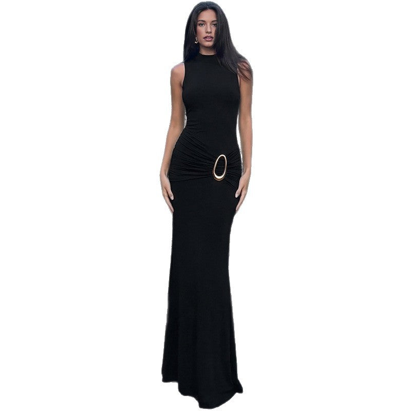 Damen Elegantes Maxikleid mit Raffungen und glänzendem Gürtel EB