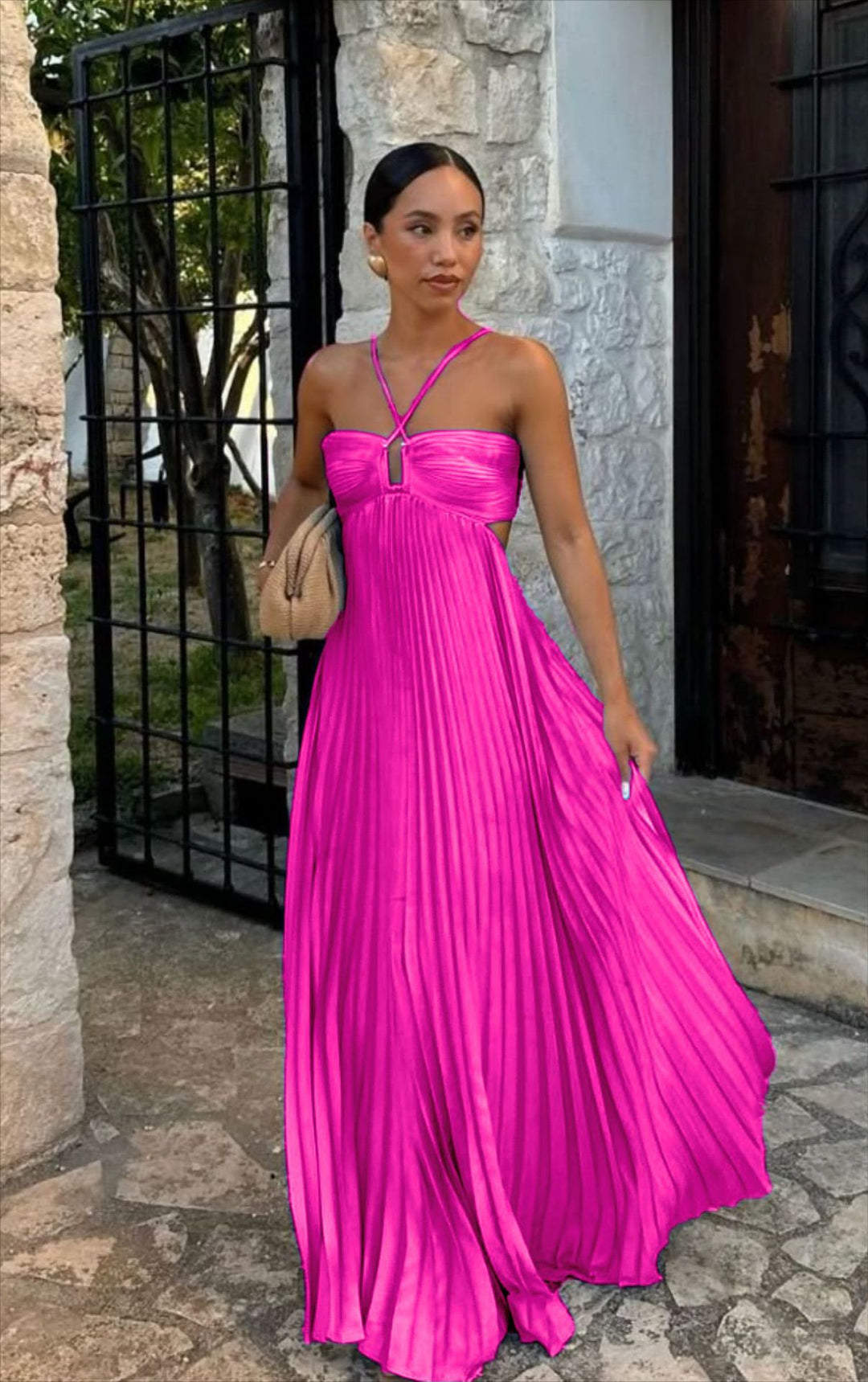 Damen Plisseekleid mit schulterfreiem Design und raffinierten Trägerdetails EB