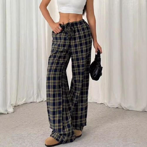 Damen weite Karo-Hose aus angenehmem Baumwollstoff mit Gummibund und seitlichen Taschen EB