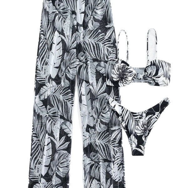Damen Badeoutfit mit floralem Oberteil und transparenten Palazzohosen EB