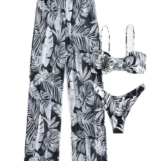 Damen Badeoutfit mit floralem Oberteil und transparenten Palazzohosen EB