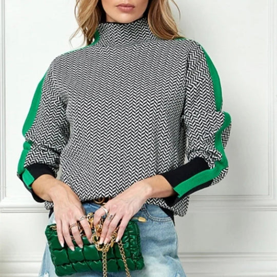 Damen Feinstrickpullover mit geometrischem Jacquardmuster, Stehkragen und Kontrastband EB