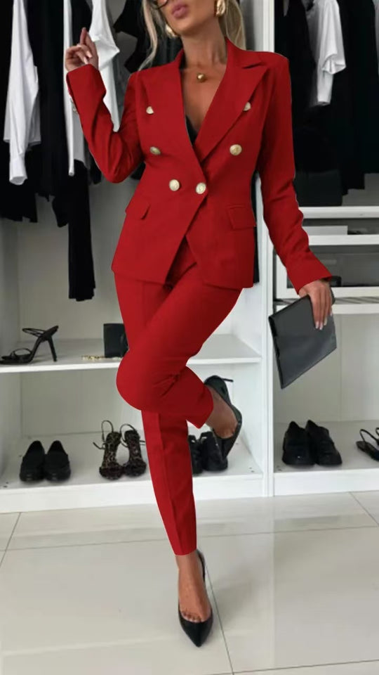 Damen Doppelreihiger taillierter Hosenanzug mit Slim-Hose EB